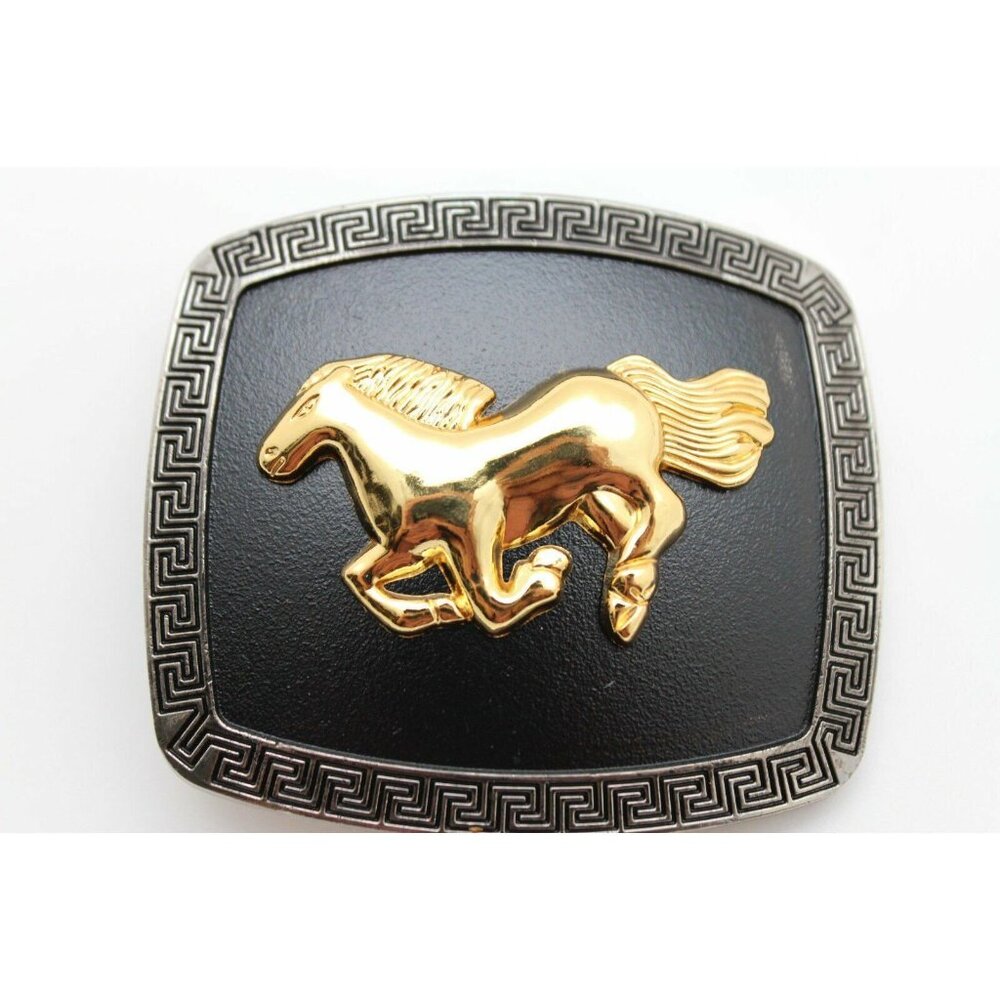 Men Women Belt Buckle Silver Metal Square Gold Rodeo Horse Black Jeans Pants